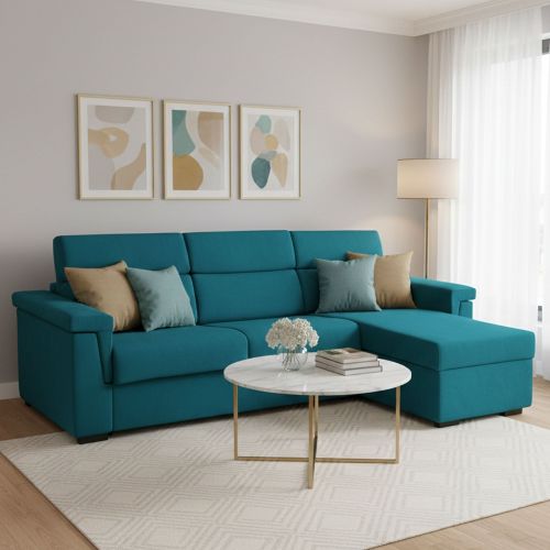 Divano Letto con Penisola Azzurro Sfoderabile Contenitore 285x160 cm, Idrorepellente Multiposizione Trasformabile in Letto Made in Italy - Ganzaria