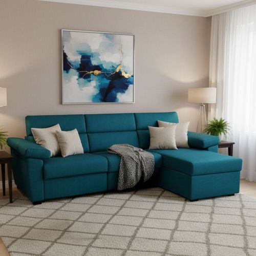 Divano Letto con Penisola Azzurro Sfoderabile Contenitore 285x160 cm, Idrorepellente Multiposizione Trasformabile in Letto Made in Italy - Priverno
