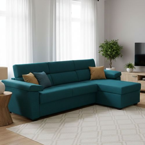 Divano Letto con Penisola Azzurro Sfoderabile Contenitore 285x160 cm, Idrorepellente Multiposizione Trasformabile in Letto Made in Italy - Tolle