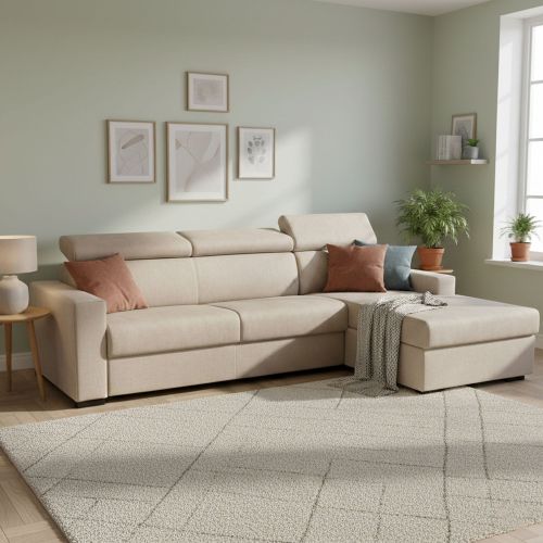 Divano letto con penisola beige 280x95cm - Allevatore