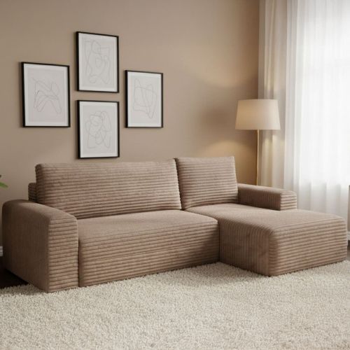 Divano Letto con Penisola Beige Contenitore Reclinabile 268x163 cm, Cuscini Sfoderabili - Folgarida