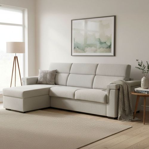 Divano Letto con Penisola Beige Sfoderabile Contenitore 285x160 cm, Idrorepellente Multiposizione Trasformabile in Letto Made in Italy - Esca