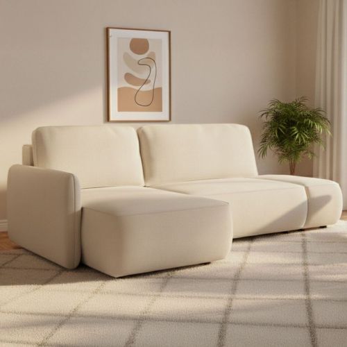 Divano Letto con Penisola Bianco Crema Contenitore Reclinabile 229x148 cm, Cuscini Sfoderabili - Rezzo