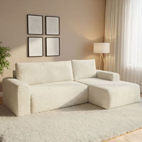 Divano Letto con Penisola Bianco Crema Contenitore Reclinabile 268x163 cm, Cuscini Sfoderabili - Folgarida