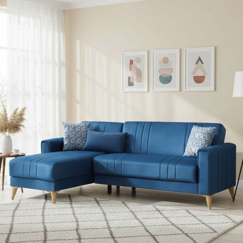 Divano Letto con Penisola blu Contenitore con Piedini 225x151 cm, Reclinabile - Aronix