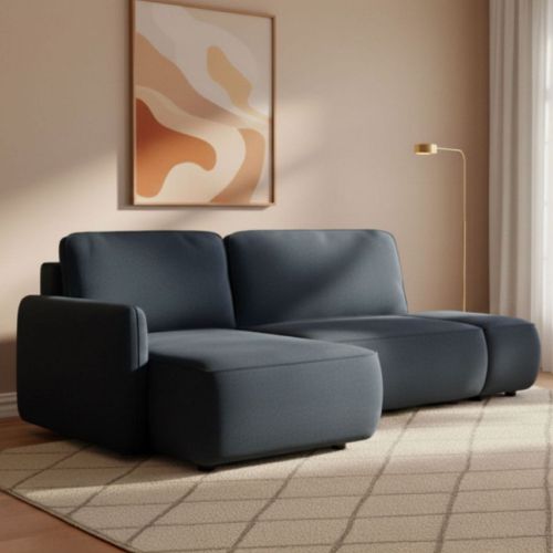 Divano Letto con Penisola blu Contenitore Reclinabile 229x148 cm, Cuscini Sfoderabili - Rezzo