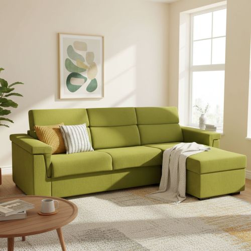 Divano letto con penisola Esca, 285x160 h100 cm, Verde
