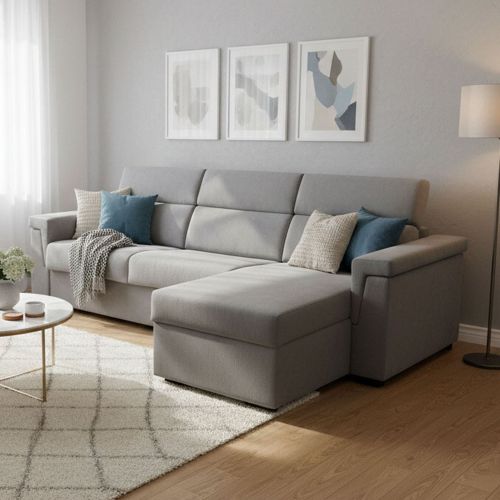 Divano Letto con Penisola Grigio Sfoderabile Contenitore 285x160 cm, Idrorepellente Multiposizione Trasformabile in Letto Made in Italy - Ganzaria