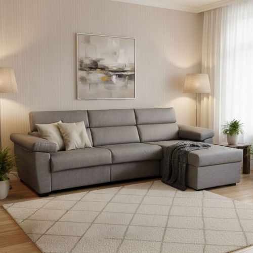 Divano Letto con Penisola Grigio Sfoderabile Contenitore 285x160 cm, Idrorepellente Multiposizione Trasformabile in Letto Made in Italy - Priverno
