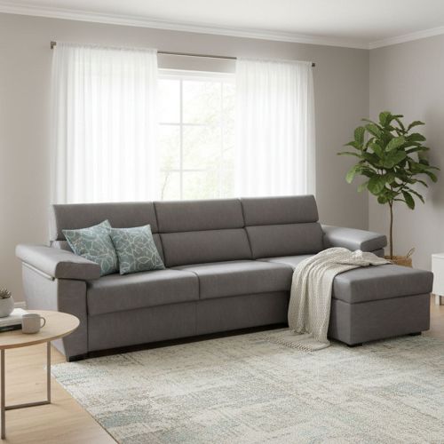 Divano Letto con Penisola Grigio Sfoderabile Contenitore 285x160 cm, Idrorepellente Multiposizione Trasformabile in Letto Made in Italy - Tolle