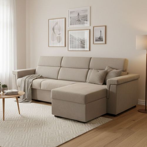 Divano Letto con Penisola Grigio Tortora Sfoderabile Contenitore 285x160 cm, Idrorepellente Trasformabile in Letto Made in Italy - Ganzaria