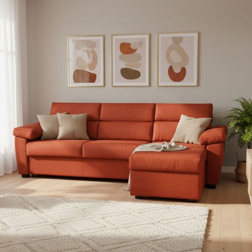 Divano letto con penisola Priverno, 285x160 h100 cm, Arancione
