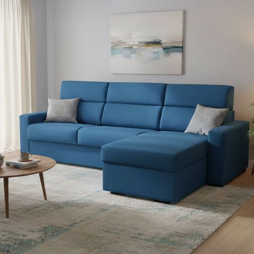 Divano letto con penisola Pusiano, 280x160 h100 cm, Blu