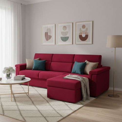 Divano Letto con Penisola Rosso Sfoderabile Contenitore 285x160 cm, Idrorepellente Multiposizione Made in Italy - Ganzaria
