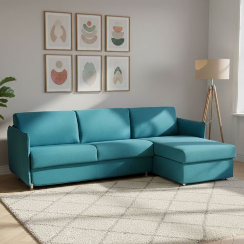 Divano letto con penisola Scordia, 260x160 h90 cm, Azzurro