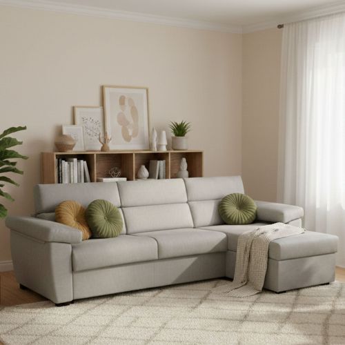 Divano letto con penisola Tolle, 285x160 h100 cm, Grigio chiaro