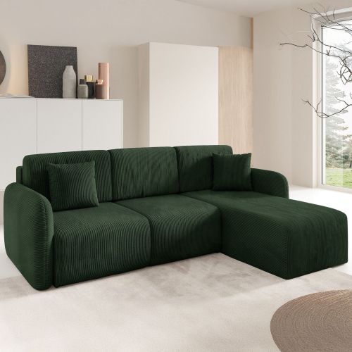Divano Letto con Penisola Verde bottiglia- Contenitore Reversibile 245x185 cm, Reclinabile - Ranco