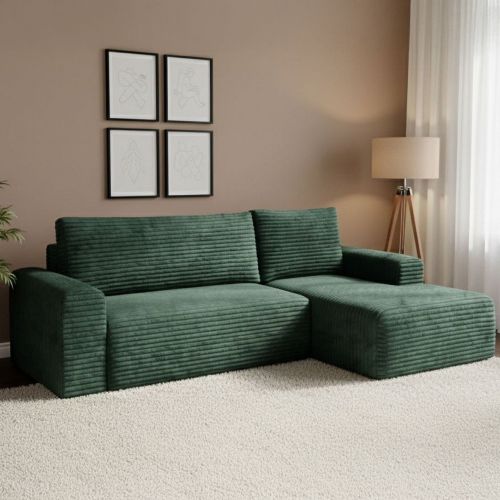 Divano Letto con Penisola Verde Contenitore Reclinabile 268x163 cm, Cuscini Sfoderabili - Folgarida