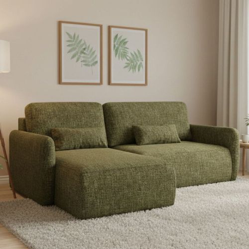 Divano Letto con Penisola Verde Oliva Contenitore Reclinabile 207x148 cm, Reversibile - Pagno