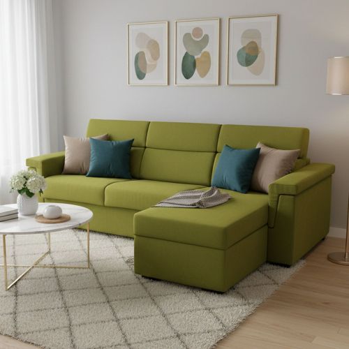 Divano Letto con Penisola Verde Sfoderabile Contenitore 285x160 cm, Idrorepellente Multiposizione Trasformabile in Letto Made in Italy - Ganzaria