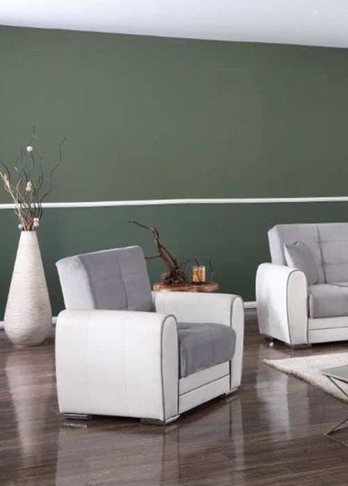 Divano letto Enrique, Poltrona contenitore da salotto, trasformabile in letto , Poltroncina relax in tessuto imbottito, 97x84h91 cm, Bianco e Grigio Chiaro