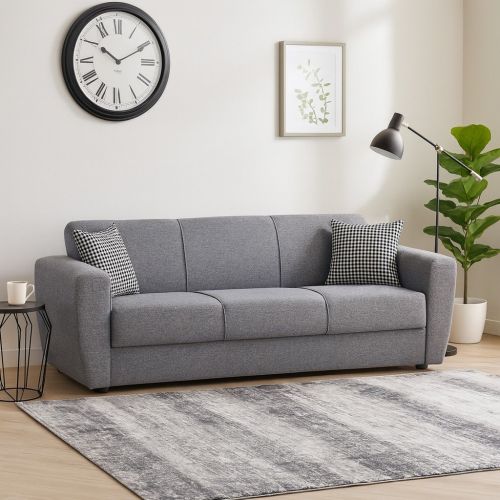 Divano letto Escobar, Divano letto contenitore a 3 posti lineare, Sofà da soggiorno in tessuto imbottito con apertura click-clack, 223x84xh80 cm, Grigio