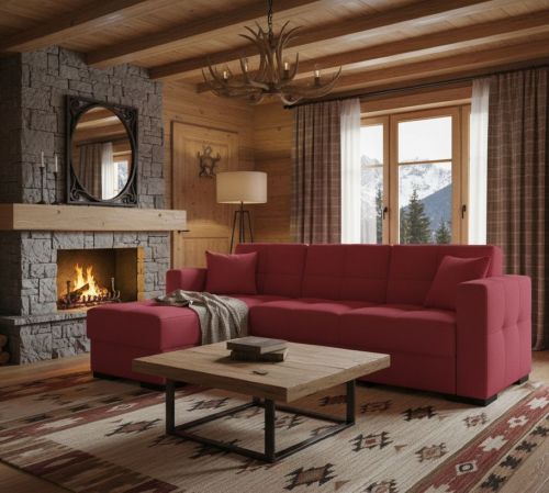 Divano letto Fernando, Divano letto ad angolo con penisola reversibile, Sofà contenitore da soggiorno con chaislongue e 2 cuscini, 230x150h81 cm, Rosso