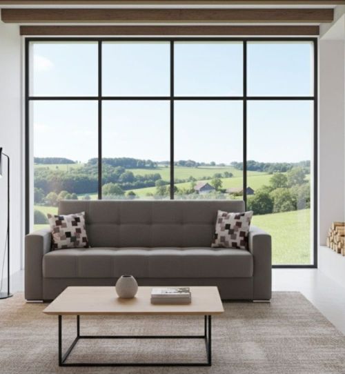 Divano letto Francisco, Divano letto contenitore a 3 posti lineare, Sofà da soggiorno in tessuto imbottito con apertura click-clack, 226x85h91 cm, Grigio