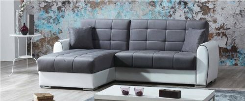 Divano letto Jesus, Divano letto contenitore ad angolo in ecopelle e tessuto, Sofà con apertura click-clack e penisola reversibile, 246x160h91 cm, Bianco e Grigio