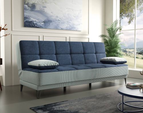 Divano letto Jordi, Divano letto a 3 posti con piedini in metallo nero , Sofà da soggiorno in tessuto imbottito con apertura click-clack, 190x87h97 cm, Grigio e Blu