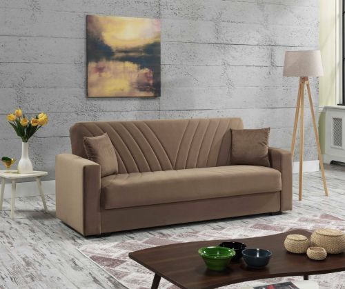Divano letto Jorge, Divano letto contenitore a 3 posti lineare con 2 cuscini inclusi, Sofà da soggiorno in tessuto imbottito con apertura click-clack, 214x81xh89 cm, Beige