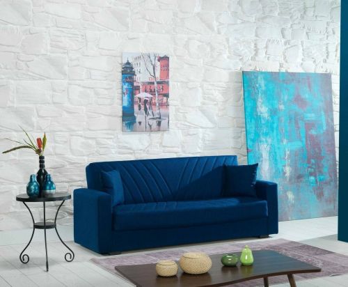 Divano letto Jorge, Divano letto contenitore a 3 posti lineare con 2 cuscini inclusi, Sofà da soggiorno in tessuto imbottito con apertura click-clack, 214x81xh89 cm, Blu