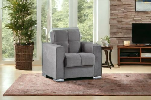 Divano letto Jose, Poltrona contenitore da salotto trasformabile in letto, Poltroncina relax in tessuto imbottito con apertura click-clack, 94x85h91 cm, Grigio