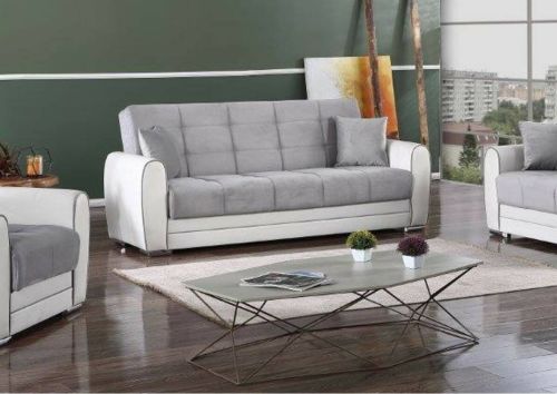 Divano letto Luis, Divano letto contenitore a 3 posti in ecopelle e tessuto, Sofà da soggiorno in tessuto imbottito con apertura click-clack, 220x84h91 cm, Bianco e Grigio
