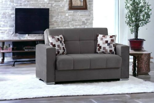 Divano letto Manuel, Divano letto contenitore a 2 posti lineare, Sofà da soggiorno in tessuto imbottito con apertura click-clack, 160x85h91 cm, Grigio