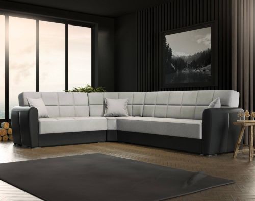 Divano letto Matias, Divano letto contenitore ad angolo in ecopelle e tessuto, Sofà da soggiorno con apertura click-clack e penisola reversibile, 305x238h91 cm, Nero e Grigio Chiaro