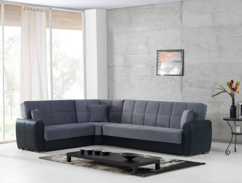 Divano letto Matias, Divano letto contenitore ad angolo in ecopelle e tessuto, Sofà da soggiorno con apertura click-clack e penisola reversibile, 305x238h91 cm, Nero e Grigio Tortora