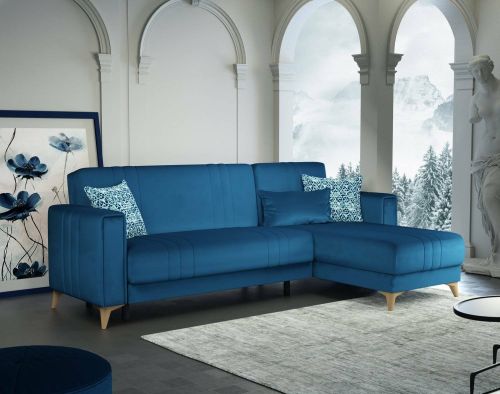 Divano letto Miguel, Divano letto contenitore ad angolo con 3 cuscini inclusi, Sofàin tessuto imbottito con apertura click-clack, con penisola reversibile, 225x151h84 cm, Blu