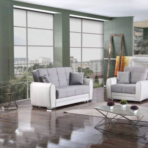 Divano letto Pablito, Divano letto contenitore ad angolo in ecopelle e tessuto, Sofà da soggiorno con apertura click-clack e penisola reversibile, 163x84h91 cm, Bianco e Grigio