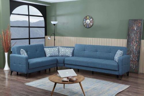 Divano letto Pedro, Divano letto contenitore ad angolo con 4 cuscini inclusi, Sofà da soggiorno in tessuto imbottito con apertura click-clack, penisola reversibile, 302x234h88 cm, Blu