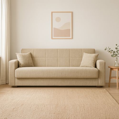 Divano letto Pinto, Divano letto contenitore lineare a 3 posti, Sofà da soggiorno in tessuto imbottito con apertura click-clack, 212x80h87 cm, Beige