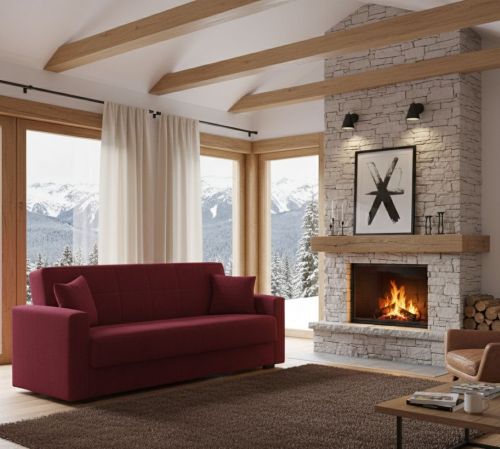 Divano letto Pinto, Divano letto contenitore lineare a 3 posti, Sofà da soggiorno in tessuto imbottito con apertura click-clack, 212x80h87 cm, Rosso