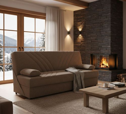 Divano letto Ramon, Divano letto contenitore a 3 posti con 2 cuscini inclusi, Sofà da soggiorno in tessuto imbottito con apertura click-clack, 181x81h88 cm, Beige