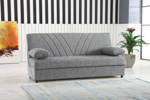 Divano letto Ramon, Divano letto contenitore a 3 posti con 2 cuscini inclusi, Sofà da soggiorno in tessuto imbottito con apertura click-clack, 181x81h88 cm, Grigio