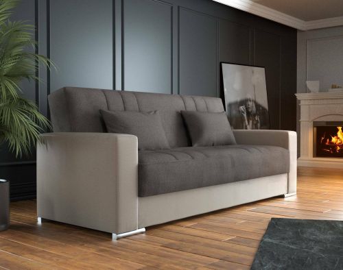 Divano letto Sergio, Divano letto contenitore a 3 posti in ecopelle e tessuto, Sofà da soggiorno con apertura click-clack e 2 cuscini inclusi, 230 x96h101 cm, Beige e Grigio