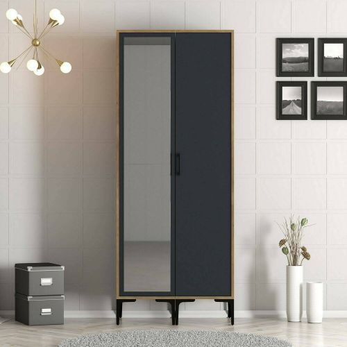 Guardaroba 2 ante Alhena, Mobile camera da letto, Cabina armadio con ante, Armadio appendiabiti, 80x201h48 cm, Noce e Antracite