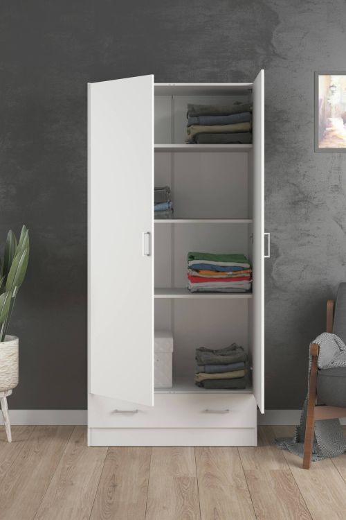 Guardaroba 2 ante Audette, Mobile camera da letto, Cabina armadio portabiti, Armadio appendiabiti, 79x36 h170 cm, Bianco