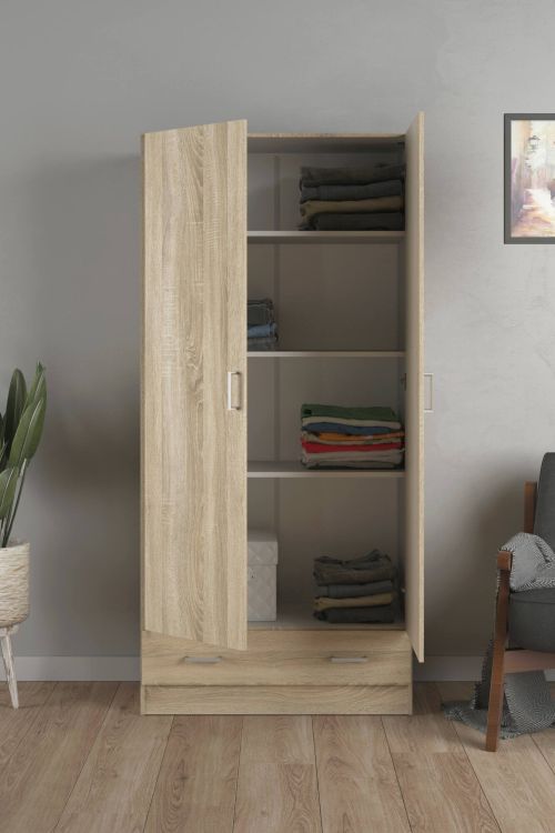 Guardaroba 2 ante Audette, Mobile camera da letto, Cabina armadio portabiti, Armadio appendiabiti, 79x36 h170 cm, Quercia