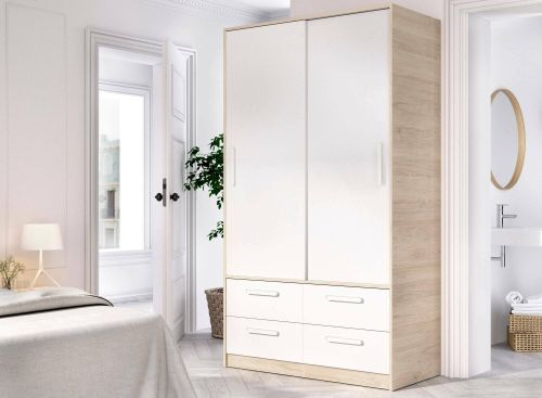 Guardaroba 2 ante Barzena, Mobile camera da letto, Cabina armadio portabiti, Armadio appendiabiti, 120x60 h204 cm, Bianco e Rovere