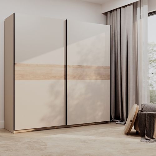 Guardaroba 2 Ante Beige Cashmere Marrone Rovere 2 Ripiani Appendiabiti 200x204h cm, 2 Ante - Nalika